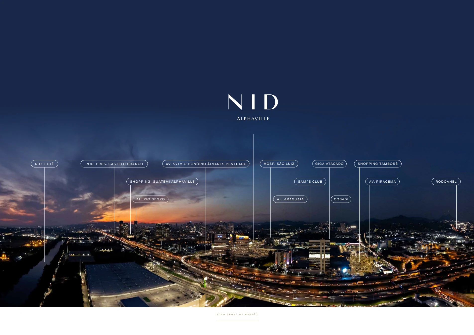 Foto a&eacute;rea da regi&atilde;o do Nid Alphaville com os pontos de refer&ecirc;ncia identificados no book